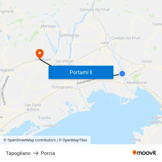 Tapogliano to Porcia map
