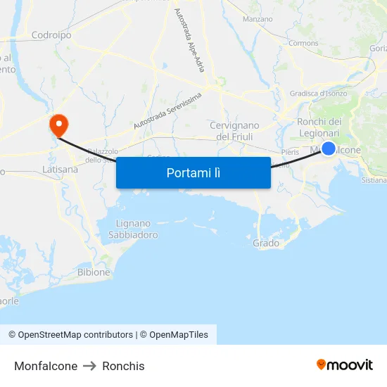 Monfalcone to Ronchis map