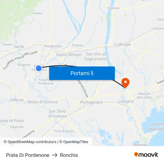 Prata Di Pordenone to Ronchis map