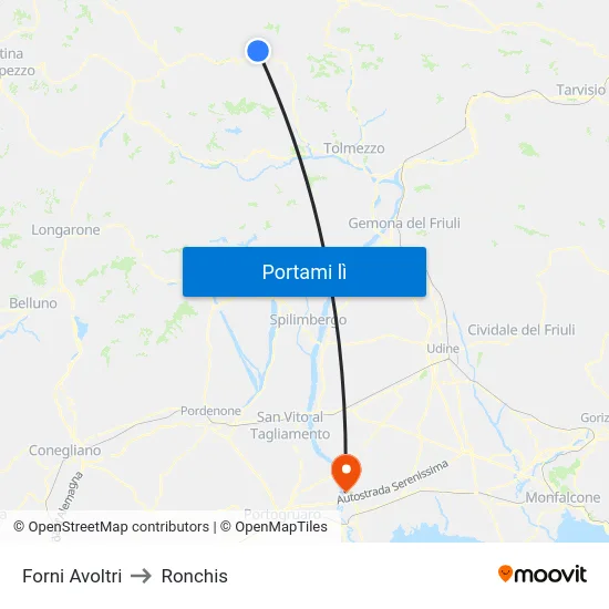 Forni Avoltri to Ronchis map