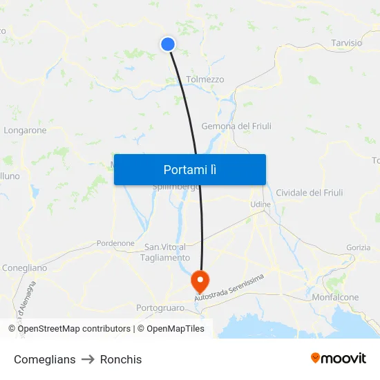 Comeglians to Ronchis map