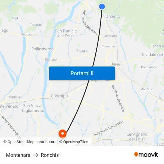 Montenars to Ronchis map