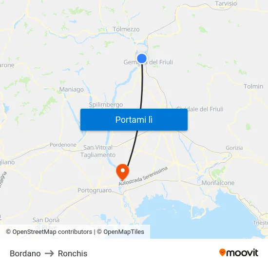 Bordano to Ronchis map