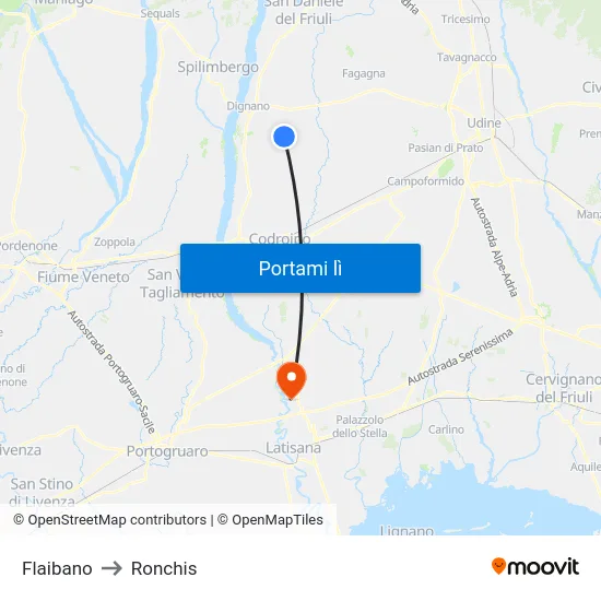 Flaibano to Ronchis map