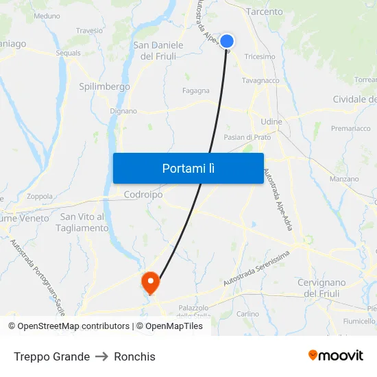 Treppo Grande to Ronchis map