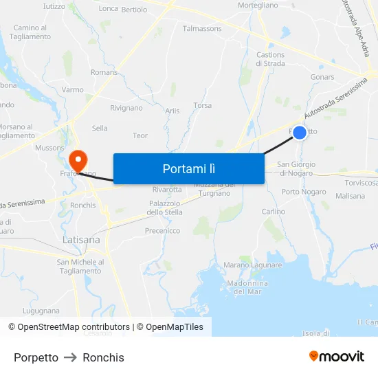 Porpetto to Ronchis map
