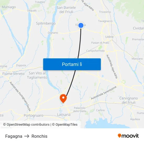 Fagagna to Ronchis map