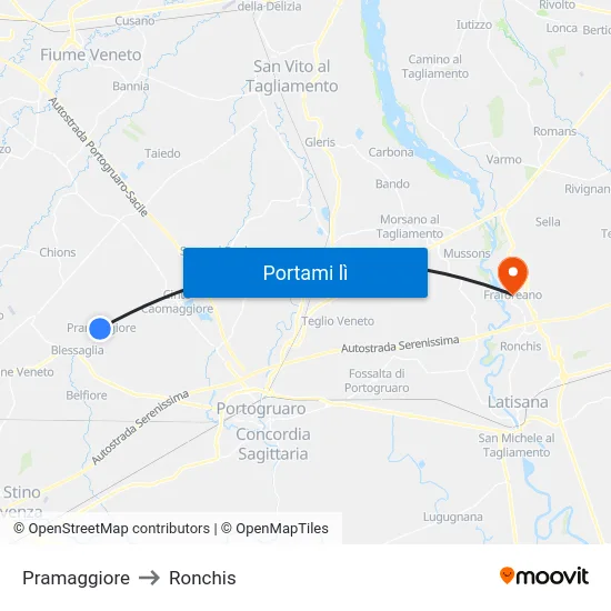 Pramaggiore to Ronchis map