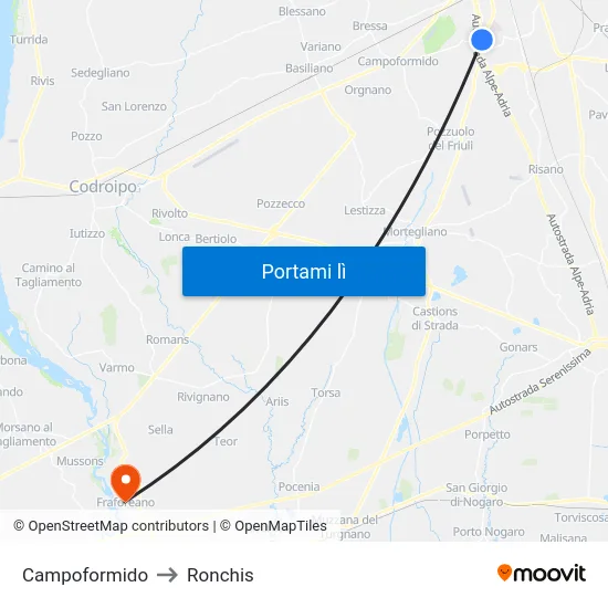 Campoformido to Ronchis map