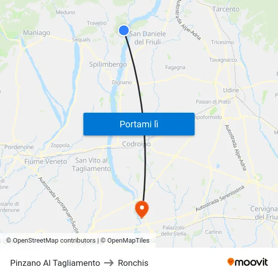Pinzano Al Tagliamento to Ronchis map