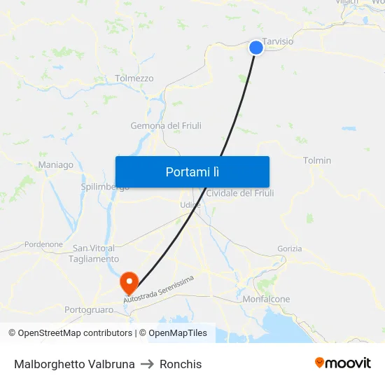 Malborghetto Valbruna to Ronchis map