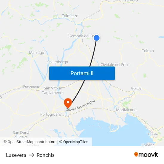 Lusevera to Ronchis map