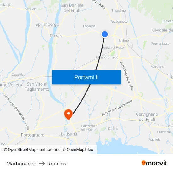 Martignacco to Ronchis map