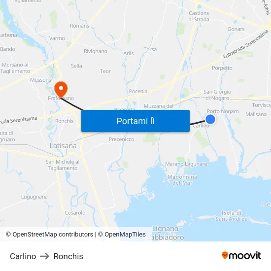 Carlino to Ronchis map