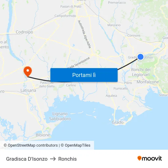 Gradisca D'Isonzo to Ronchis map