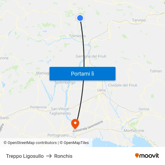 Treppo Ligosullo to Ronchis map
