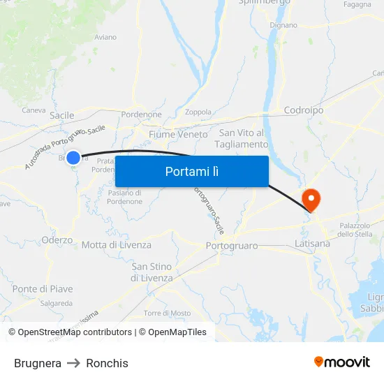 Brugnera to Ronchis map