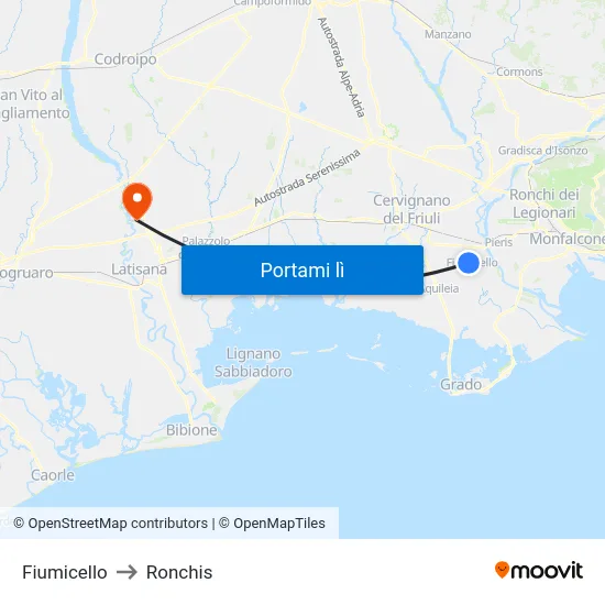 Fiumicello to Ronchis map