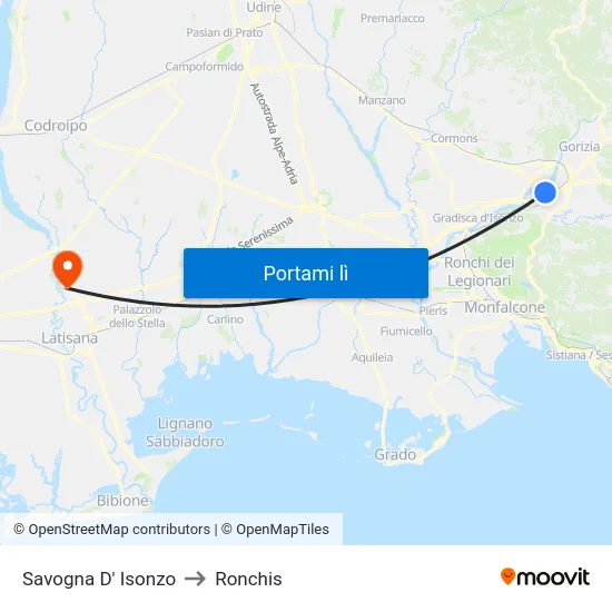 Savogna D' Isonzo to Ronchis map