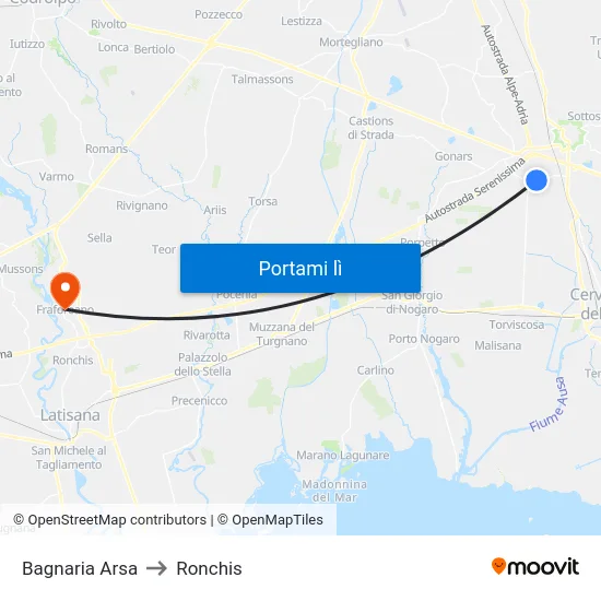 Bagnaria Arsa to Ronchis map