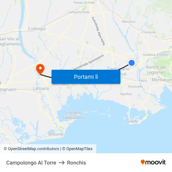 Campolongo Al Torre to Ronchis map