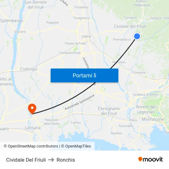 Cividale Del Friuli to Ronchis map