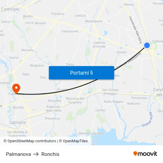 Palmanova to Ronchis map
