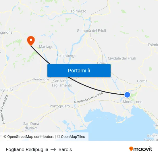 Fogliano Redipuglia to Barcis map