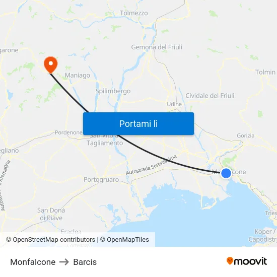 Monfalcone to Barcis map
