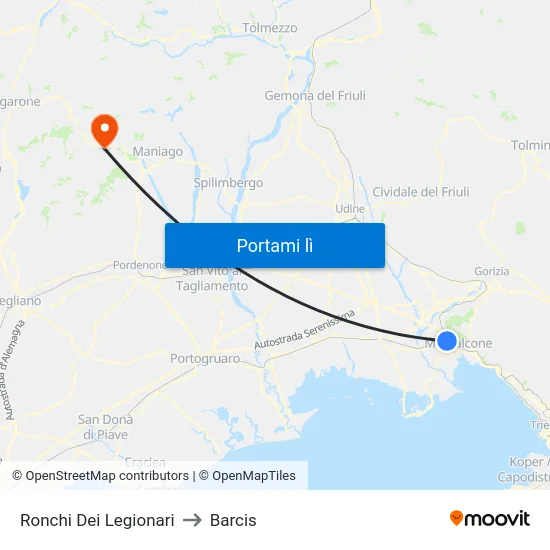Ronchi Dei Legionari to Barcis map