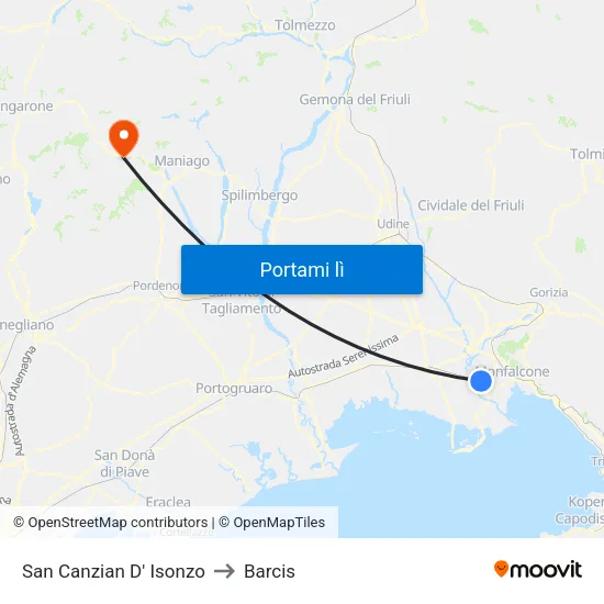 San Canzian D' Isonzo to Barcis map