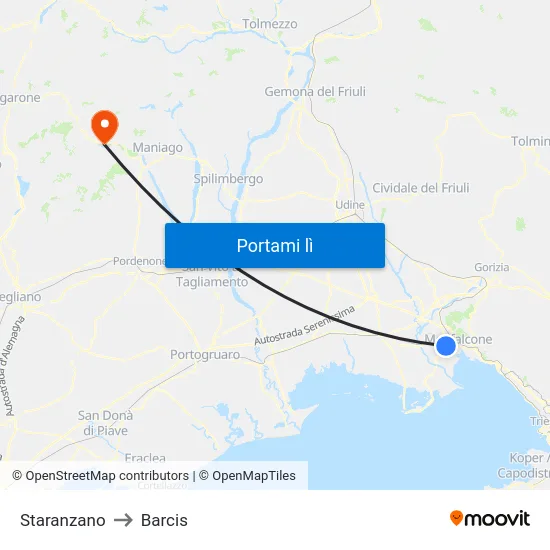 Staranzano to Barcis map