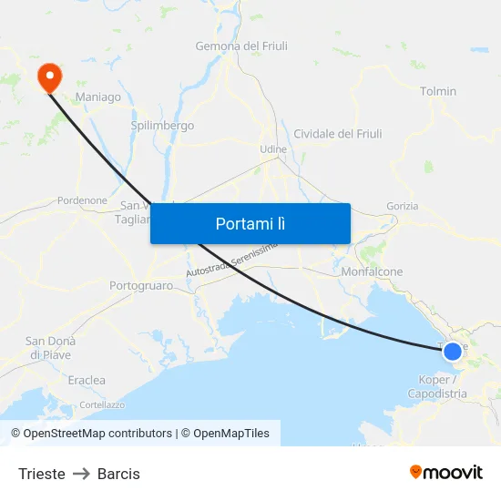 Trieste to Barcis map