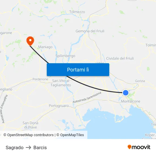 Sagrado to Barcis map