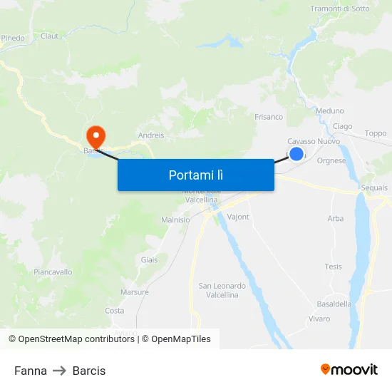Fanna to Barcis map
