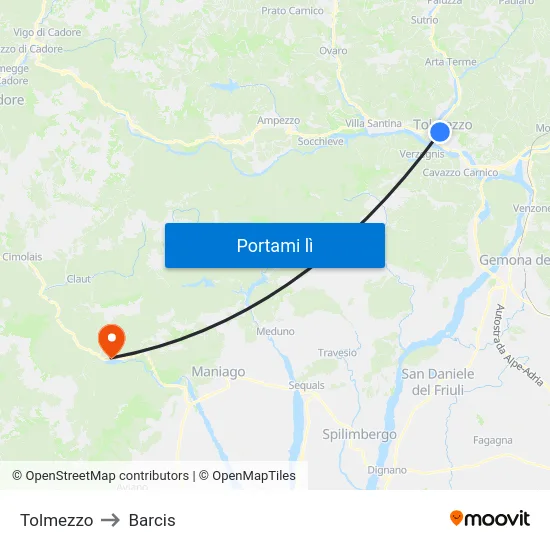 Tolmezzo to Barcis map