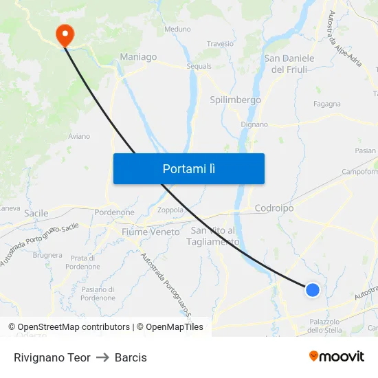 Rivignano Teor to Barcis map