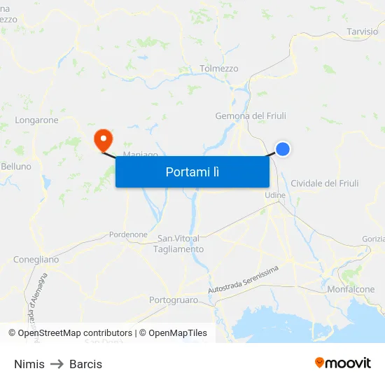Nimis to Barcis map