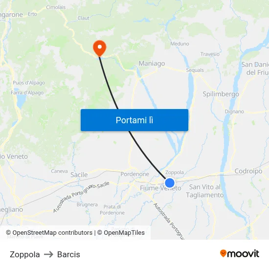 Zoppola to Barcis map