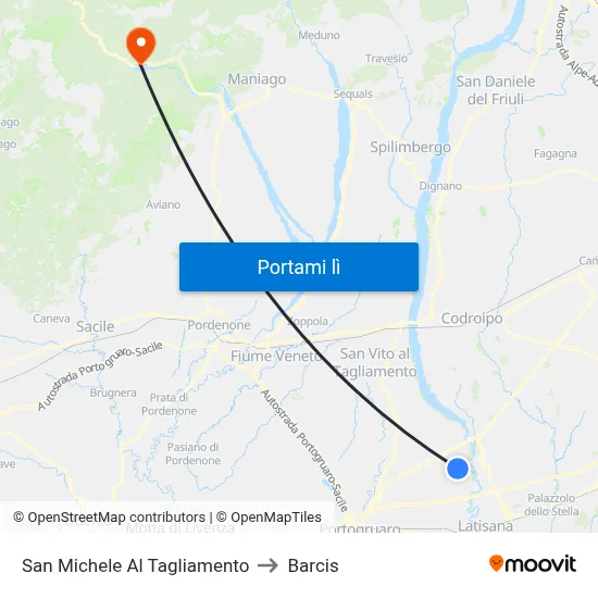 San Michele Al Tagliamento to Barcis map