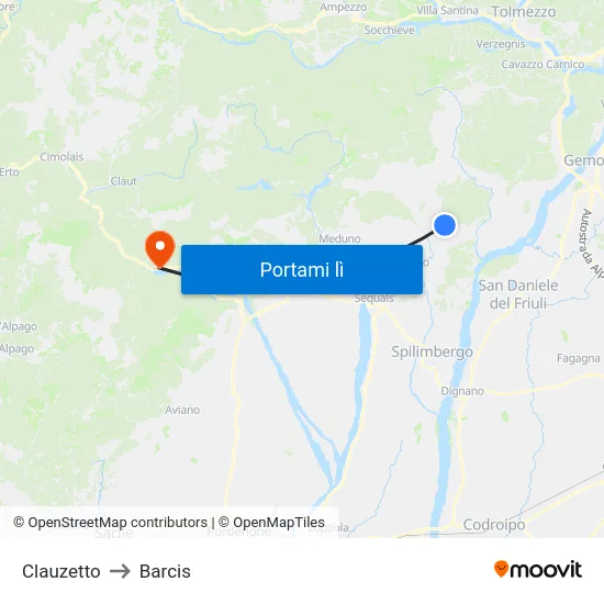Clauzetto to Barcis map