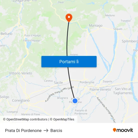 Prata Di Pordenone to Barcis map