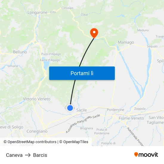 Caneva to Barcis map