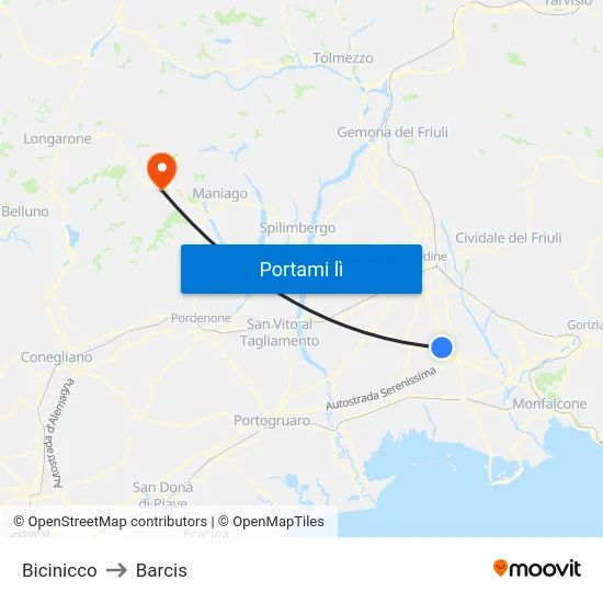 Bicinicco to Barcis map