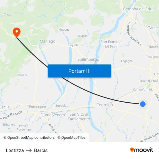 Lestizza to Barcis map