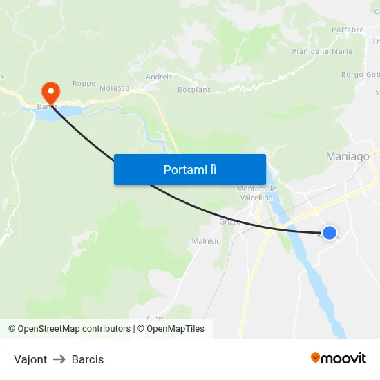 Vajont to Barcis map
