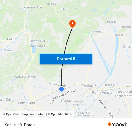 Sacile to Barcis map