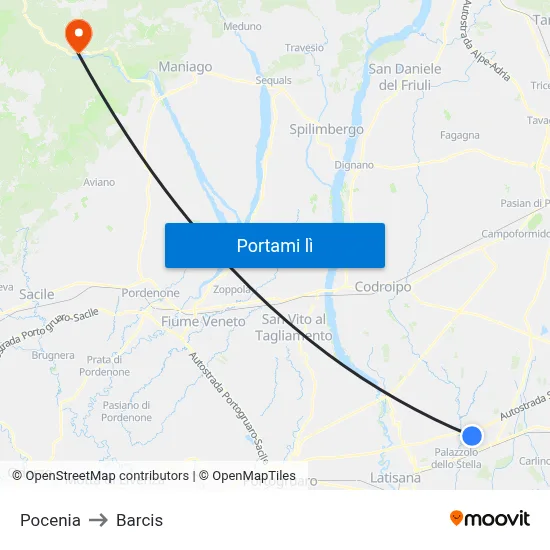 Pocenia to Barcis map