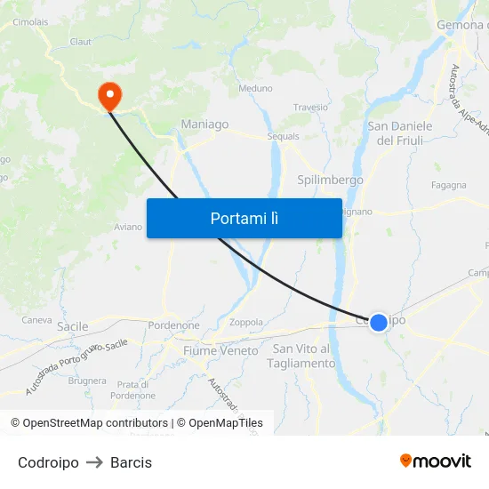 Codroipo to Barcis map