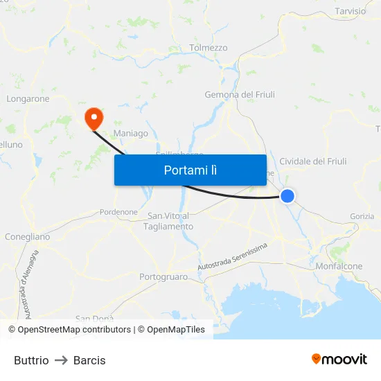 Buttrio to Barcis map